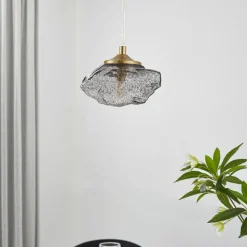 Lindby hengelampe Piatra, røyk/messing, glass, Ø 16 cm, G9