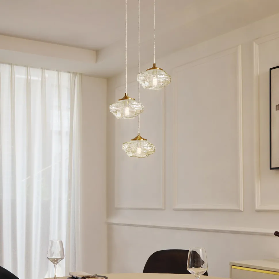 Lindby hengelampe Piatra, Ø25cm, 3 lyskilder, cognac/messing, glass