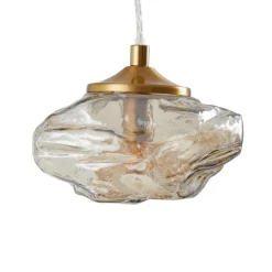 Lindby hengelampe Piatra, Ø25cm, 3 lyskilder, cognac/messing, glass