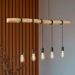 Lindby hengelampe Rom, 5 lyskilder, tre, tau, svart, 116 cm