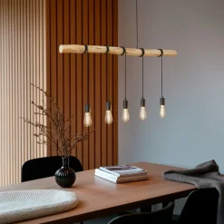 Lindby hengelampe Rom, 5 lyskilder, tre, tau, svart, 116 cm