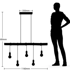 Lindby hengelampe Rom, 5 lyskilder, tre, tau, svart, 116 cm