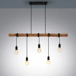 Lindby hengelampe Rom, 5 lyskilder, tre, tau, svart, 116 cm