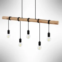 Lindby hengelampe Rom, 5 lyskilder, tre, tau, svart, 116 cm