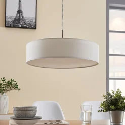 Lindby hengelampe Sebatin, Ø 50 cm, beige, stoff, E27