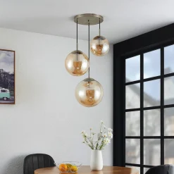 Lindby hengelampe Teeja, amber, 3 lyskilder, Ø52cm, glass, E27