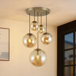 Lindby hengelampe Teeja, rav, 5 lyskilder, Ø50cm, glass, E27