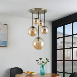 Lindby hengelampe Teeja, rav, 5 lyskilder, Ø50cm, glass, E27