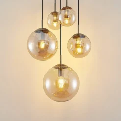 Lindby hengelampe Teeja, rav, 5 lyskilder, Ø50cm, glass, E27