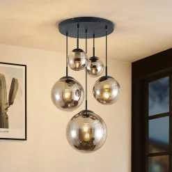 Lindby hengelampe Teeja, smoke, 5 lyskilder, Ø50cm, glass, E27