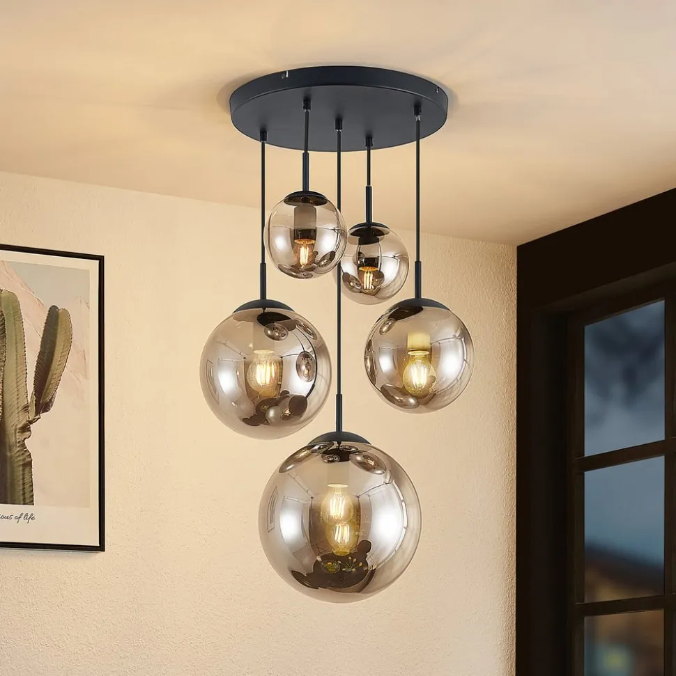 Lindby hengelampe Teeja, smoke, 5 lyskilder, Ø50cm, glass, E27