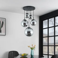 Lindby hengelampe Teeja, smoke, 5 lyskilder, Ø50cm, glass, E27