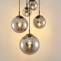 Lindby hengelampe Teeja, smoke, 5 lyskilder, Ø50cm, glass, E27