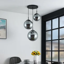 Lindby hengelampe Teeja, smoke, 3 lyskilder, Ø52cm, glass, E27