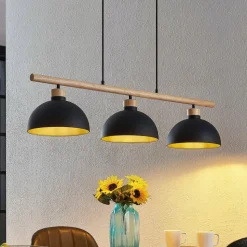 Lindby hengelampe Tirzana, 3 lyskilder, svart, metall, tre