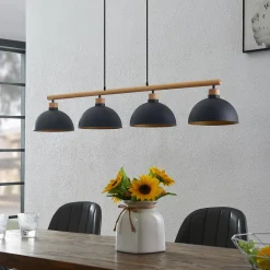 Lindby hengelampe Tirzana, 4 lyskilder, svart, metall, tre