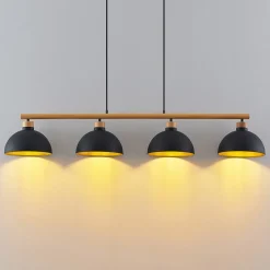 Lindby hengelampe Tirzana, 4 lyskilder, svart, metall, tre