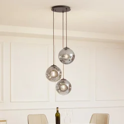 Lindby hengelampe Valentina, E27, Ø 49 cm, røykgrå, glass