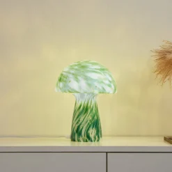 Lindby Hubi bordlampe, grønn, glass, Ø 22 cm, soppform