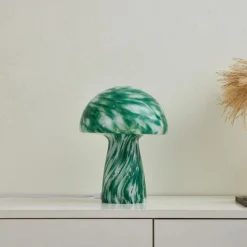 Lindby Hubi bordlampe, grønn, glass, Ø 22 cm, soppform