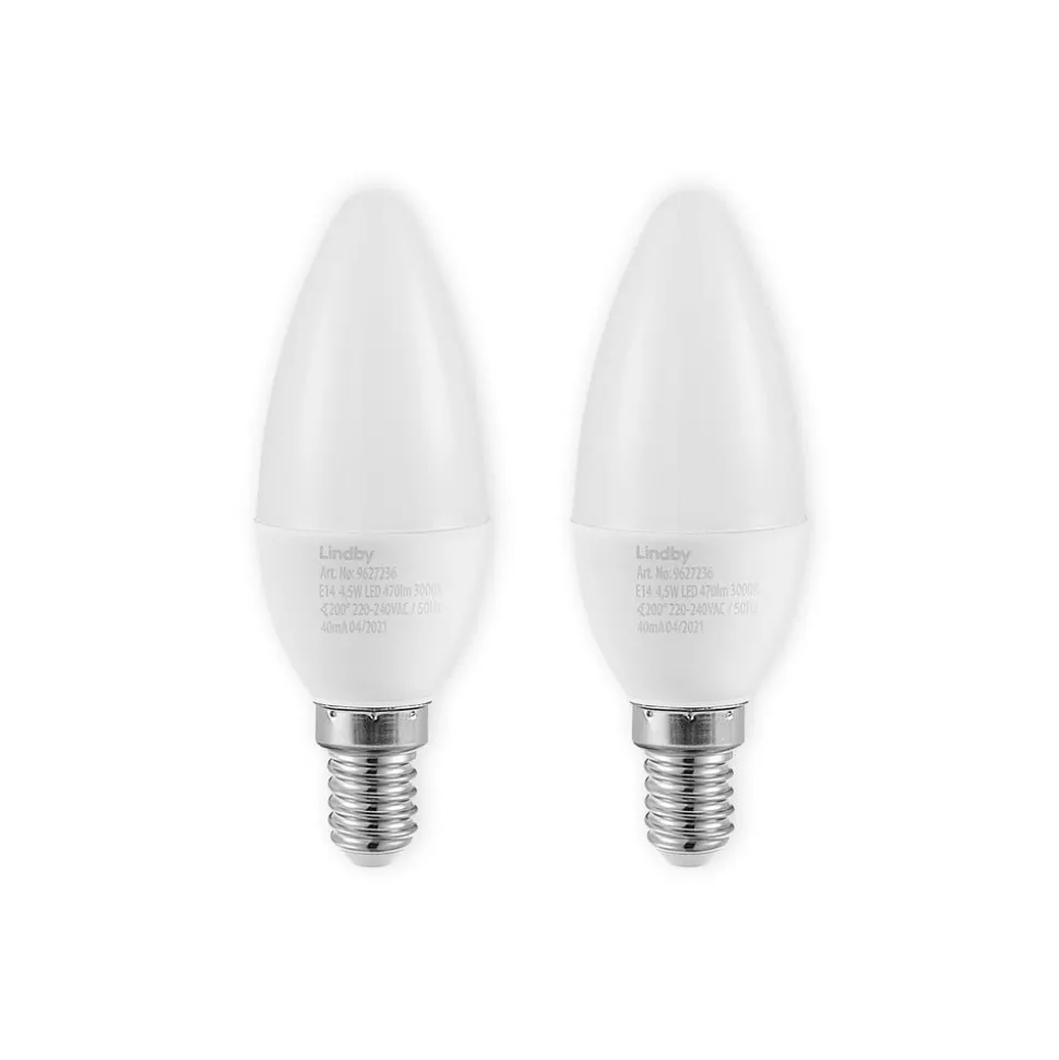 Lindby LED-mignonpære, E14, C35, 4,5W, opal, 3000K, sett med 2 stk