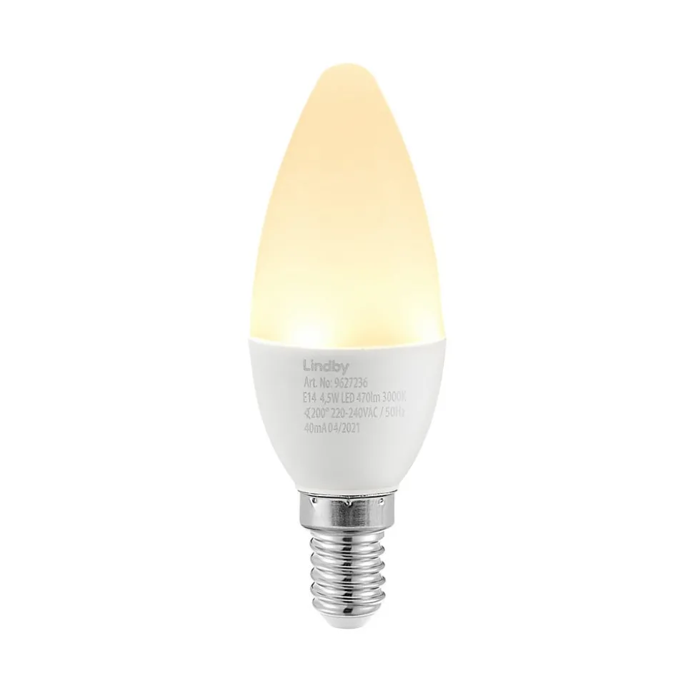Lindby LED-mignonpære, E14, C35, 4,5W, opal, 3000K, sett med 2 stk