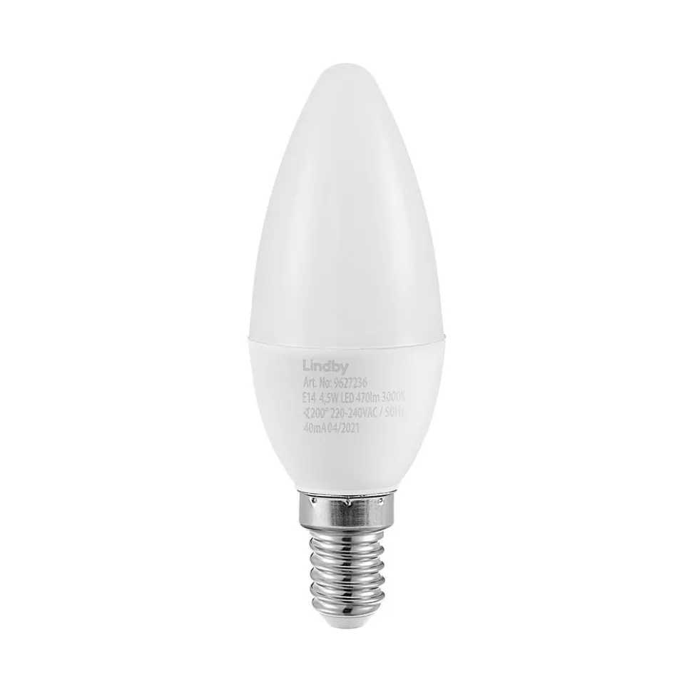 Lindby LED-mignonpære, E14, C35, 4,5W, opal, 3000K, sett med 2 stk
