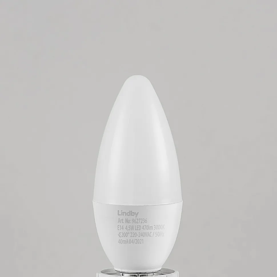 Lindby LED-mignonpære, E14, C35, 4,5W, opal, 3000K, sett med 2 stk