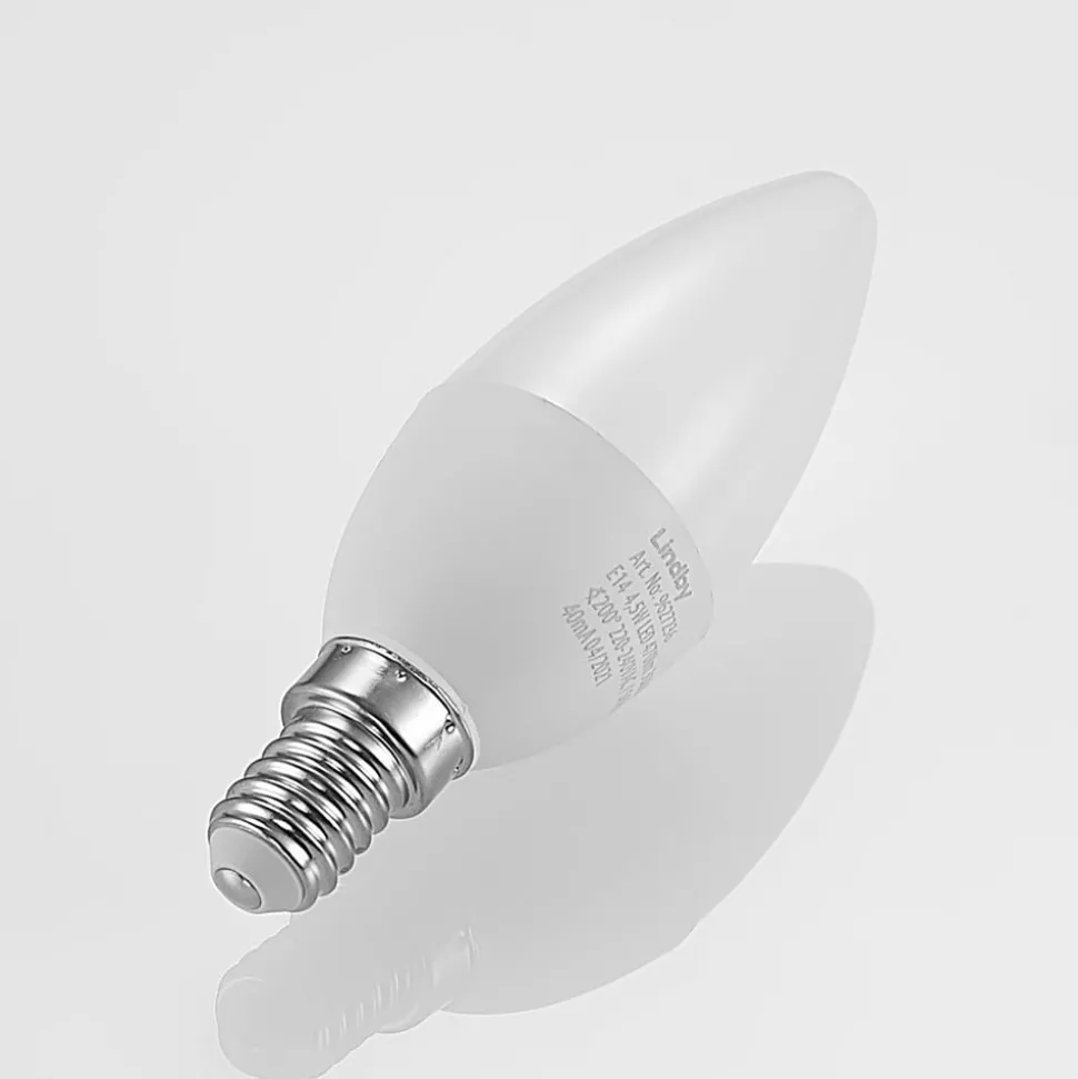 Lindby LED-mignonpære, E14, C35, 4,5W, opal, 3000K, sett med 2 stk