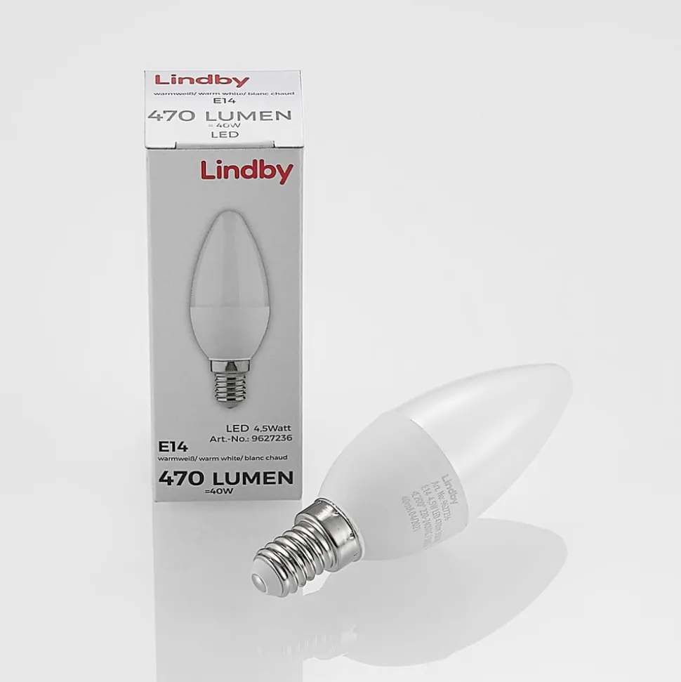 Lindby LED-mignonpære, E14, C35, 4,5W, opal, 3000K, sett med 2 stk