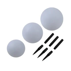 Lindby LED-solcellelamper Lago, sett med 3, kuler, jordspyd, hvit
