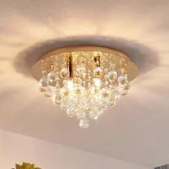 Lindby taklampe Gillion, 4 lyskilder, gull, krystall, Ø 35 cm