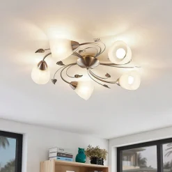 Lindby taklampe Yannie, 5 lyskilder, 60 cm, nikkel/hvit, glass