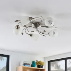 Lindby taklampe Yannie, 5 lyskilder, 60 cm, nikkel/hvit, glass