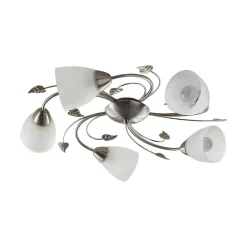 Lindby taklampe Yannie, 5 lyskilder, 60 cm, nikkel/hvit, glass