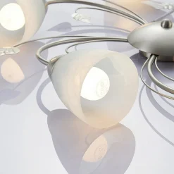 Lindby taklampe Yannie, 5 lyskilder, 60 cm, nikkel/hvit, glass