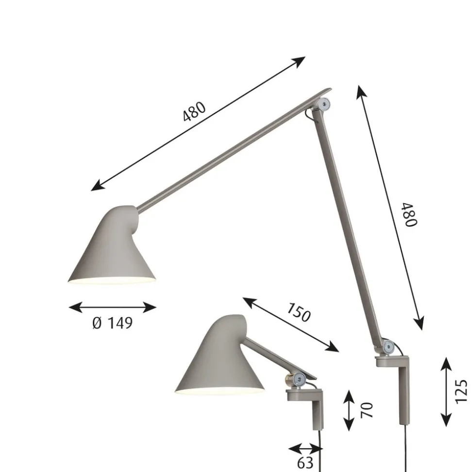 Louis Poulsen NJP LED-vegglampe kort arm, lysegrå