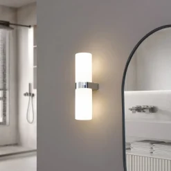 Lucande Basolo vegglampe til bad, krom, høyde 31,5 cm, glass, IP44