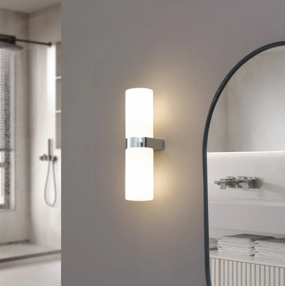 Lucande Basolo vegglampe til bad, krom, høyde 31,5 cm, glass, IP44