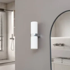 Lucande Basolo vegglampe til bad, krom, høyde 31,5 cm, glass, IP44