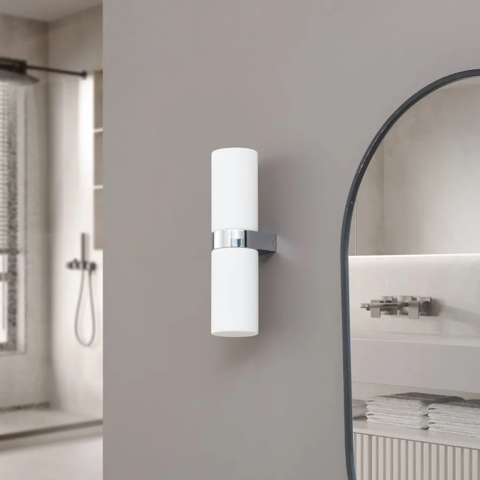 Lucande Basolo vegglampe til bad, krom, høyde 31,5 cm, glass, IP44
