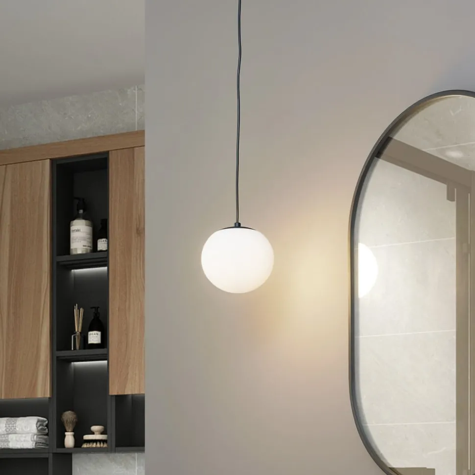 Lucande hengelampe Bidolo, svart, glass, Ø 15 cm, IP44