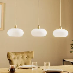 Lucande hengelampe Sharvil, 3 lyskilder, hvit, glass, 97 cm