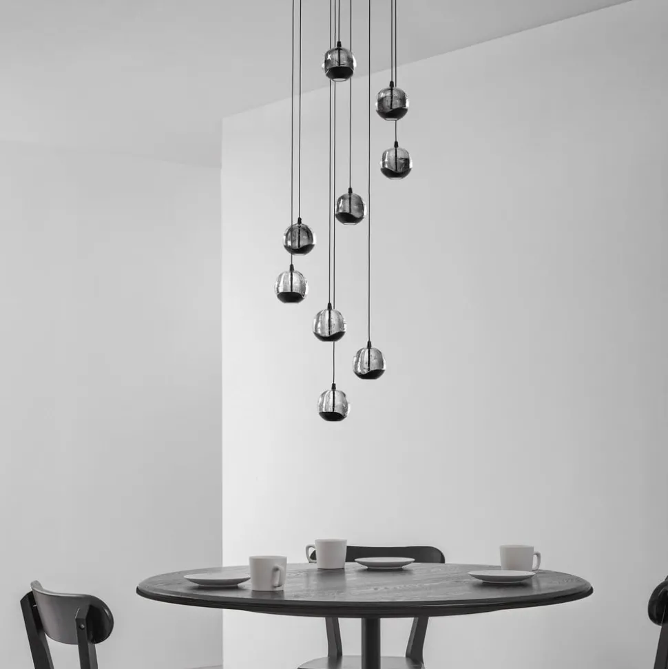 Lucande LED-hengelampe Hayley, svart, 9 lyskilder, glass