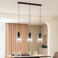 Lucande pendellampe Eirian, 90 cm, 3-lys, svart, glass