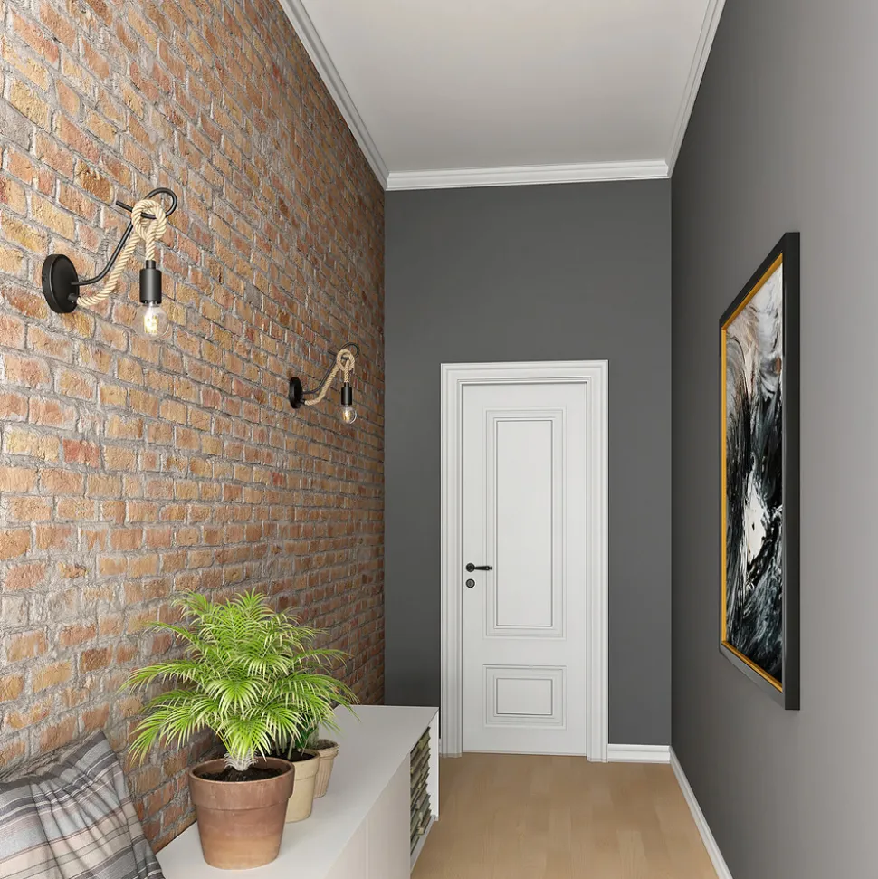 Lucande vegglampe Ropina, svart, hampetau, høyde 25 cm