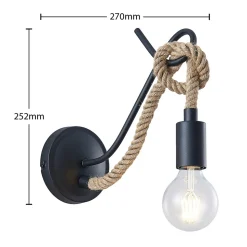 Lucande vegglampe Ropina, svart, hampetau, høyde 25 cm