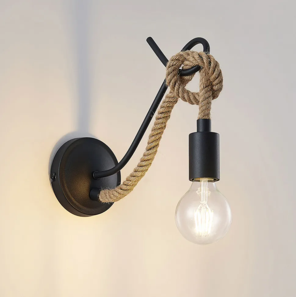 Lucande vegglampe Ropina, svart, hampetau, høyde 25 cm