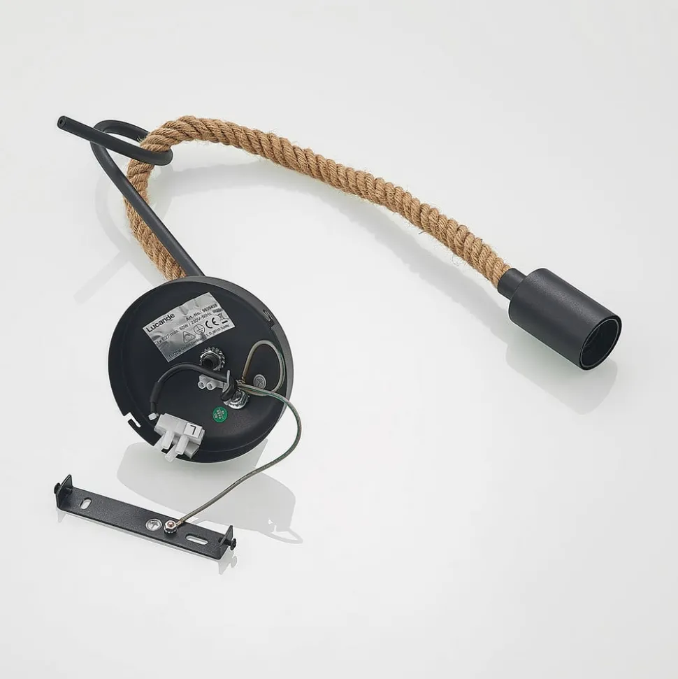 Lucande vegglampe Ropina, svart, hampetau, høyde 25 cm