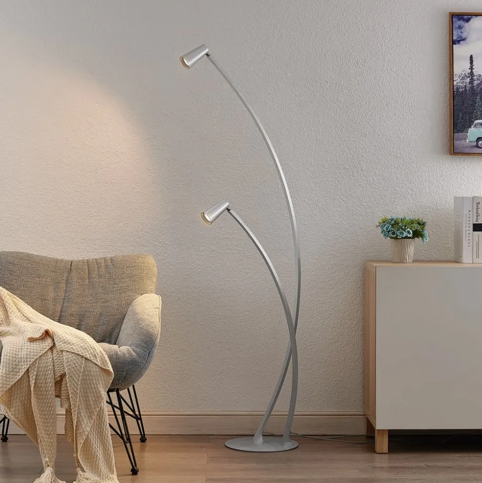 Lucande Velanoris gulvlampe, 2 lyskilder, børstet aluminium